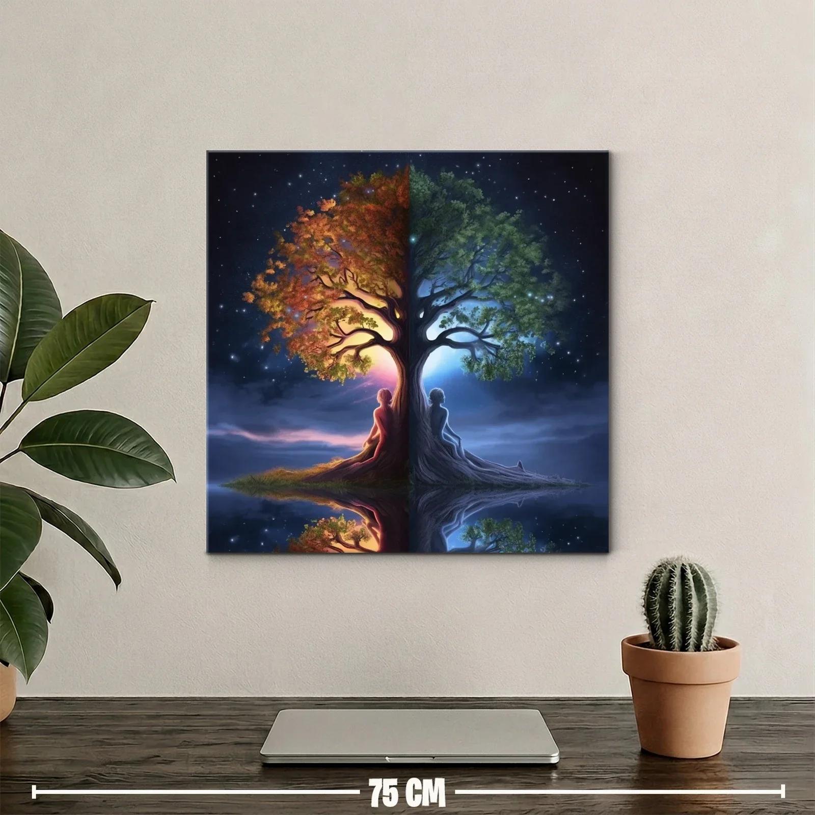 Cuadro árbol dual con figuras humanas y contraste día noche — miniatura 2
