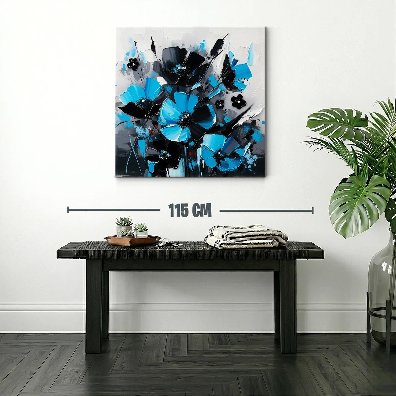 Cuadro floral moderno en tonos azul y negro vibrante — miniatura 2