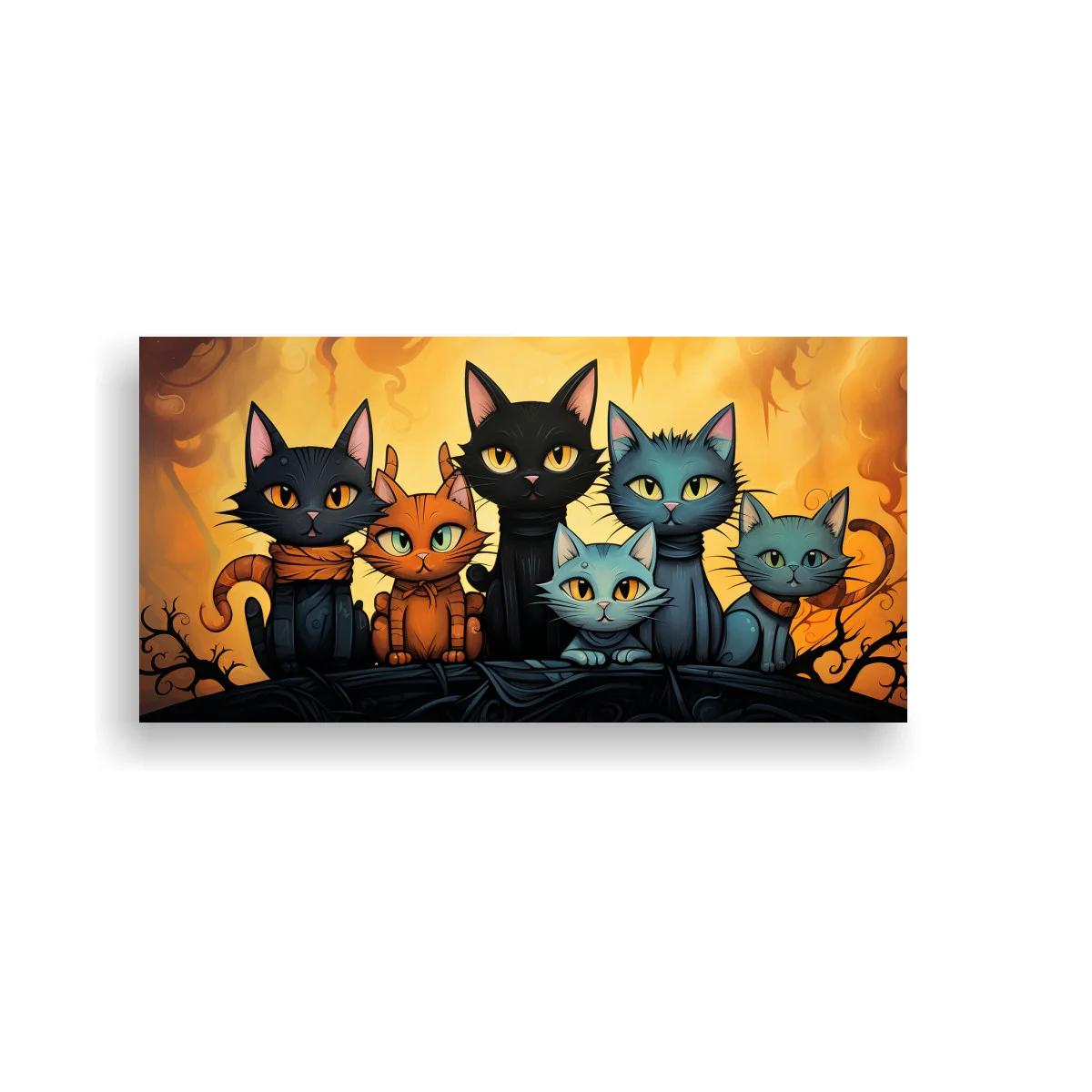 Cuadro grupo de gatos con fondo cálido y ramas retorcidas — imagen principal