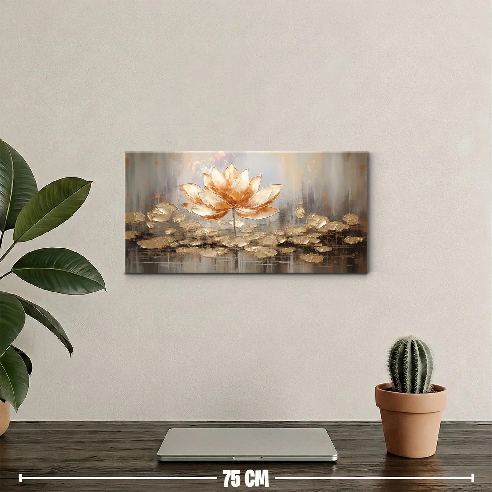 Cuadro flor de loto blanca con capullos y hojas doradas — miniatura 2