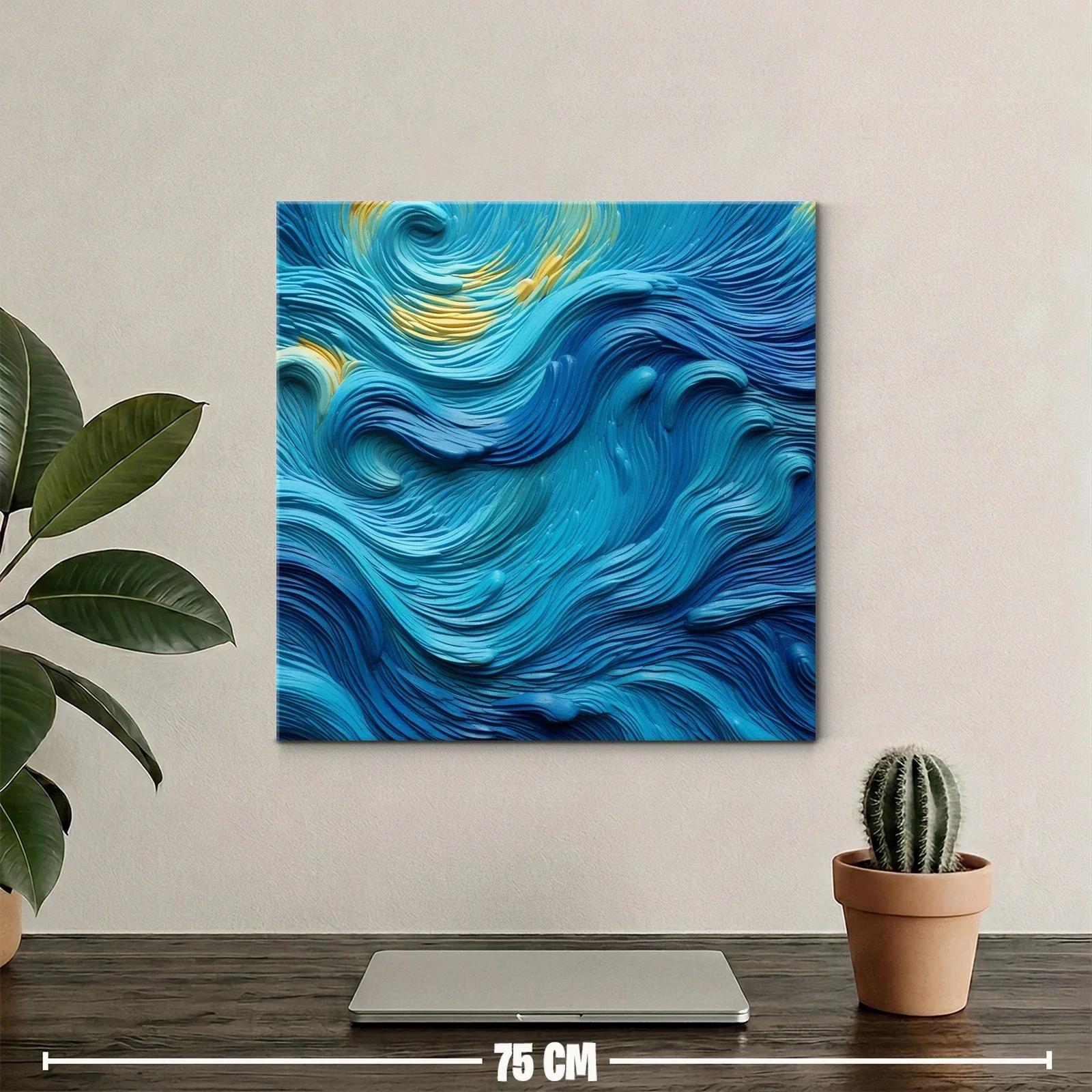 Cuadro abstracto con ondas en tonos azules y toques dorados — miniatura 2