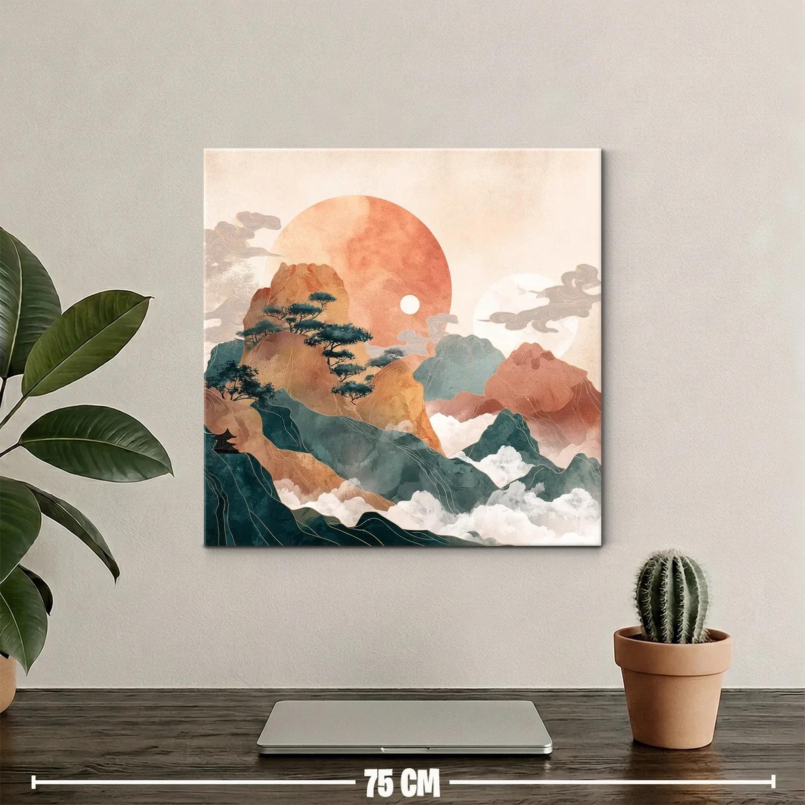 Paisaje de montañas con sol y niebla en tonos cálidos — miniatura 2