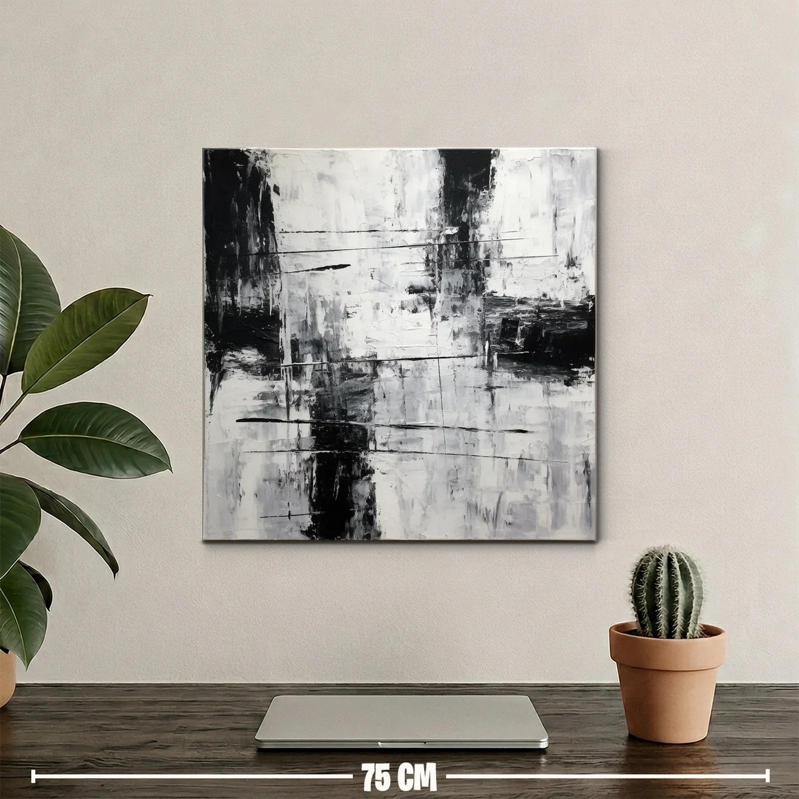 Cuadro abstracto en blanco y negro con textura y líneas dinámicas — miniatura 2