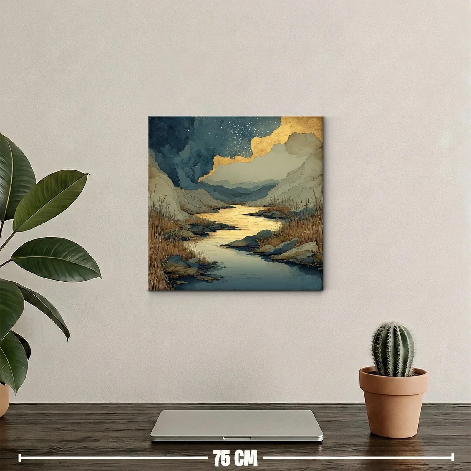 Paisaje sereno con río dorado y montañas azules — miniatura 2