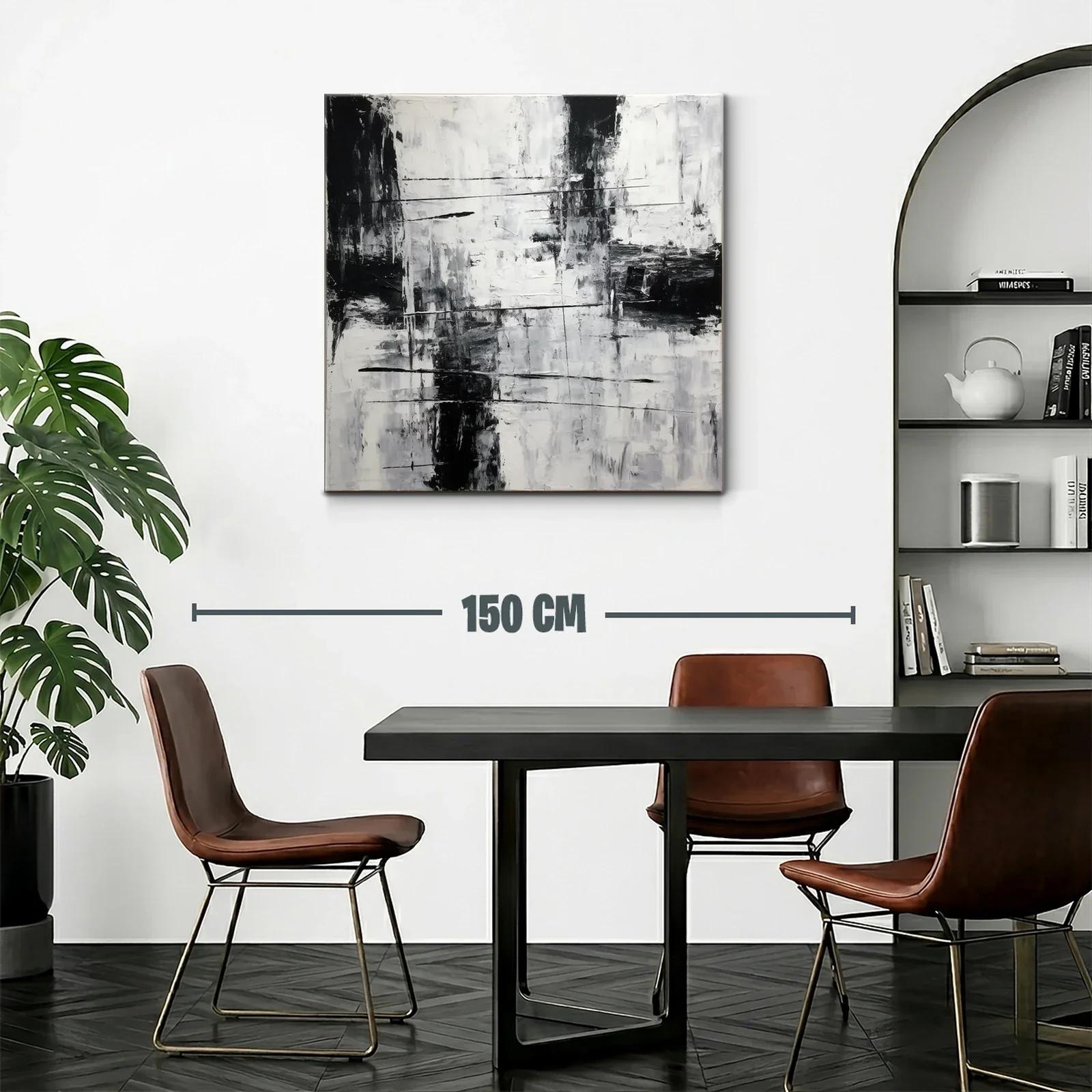 Cuadro abstracto en blanco y negro con textura y líneas dinámicas — miniatura 2
