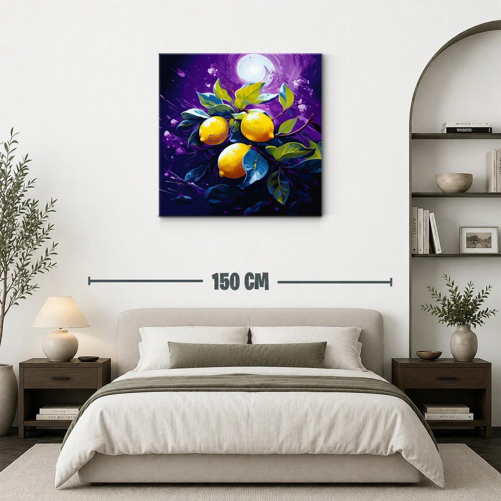 Cuadro vibrante con limones y hojas sobre fondo púrpura — miniatura 3