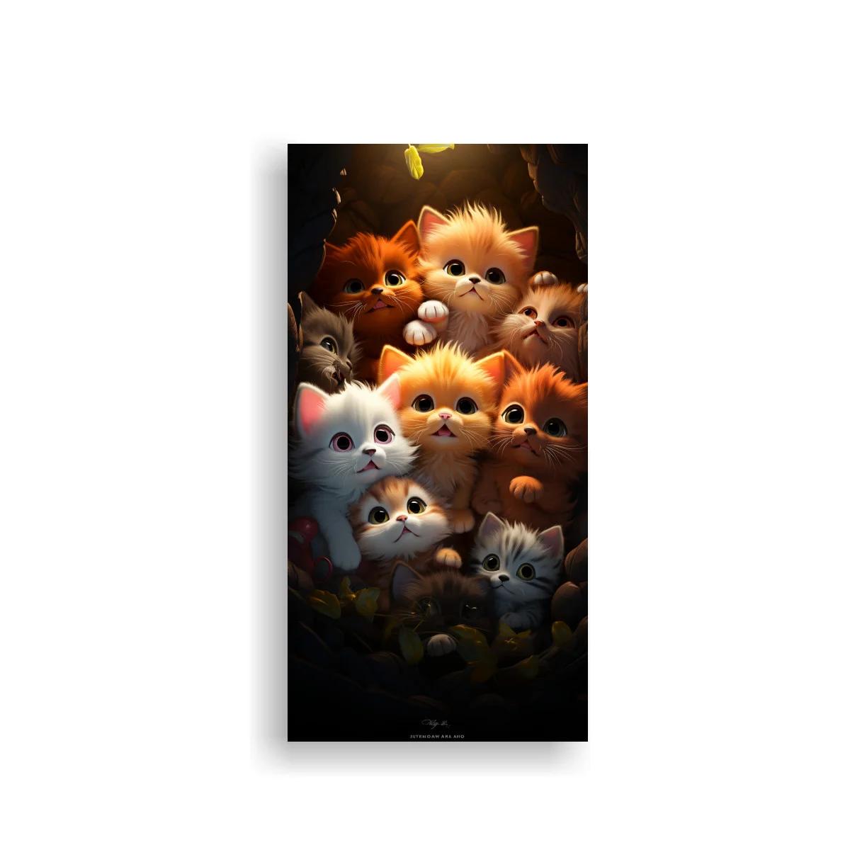 Cuadro grupo de gatitos con luciérnagas y hojas nocturnas — imagen principal