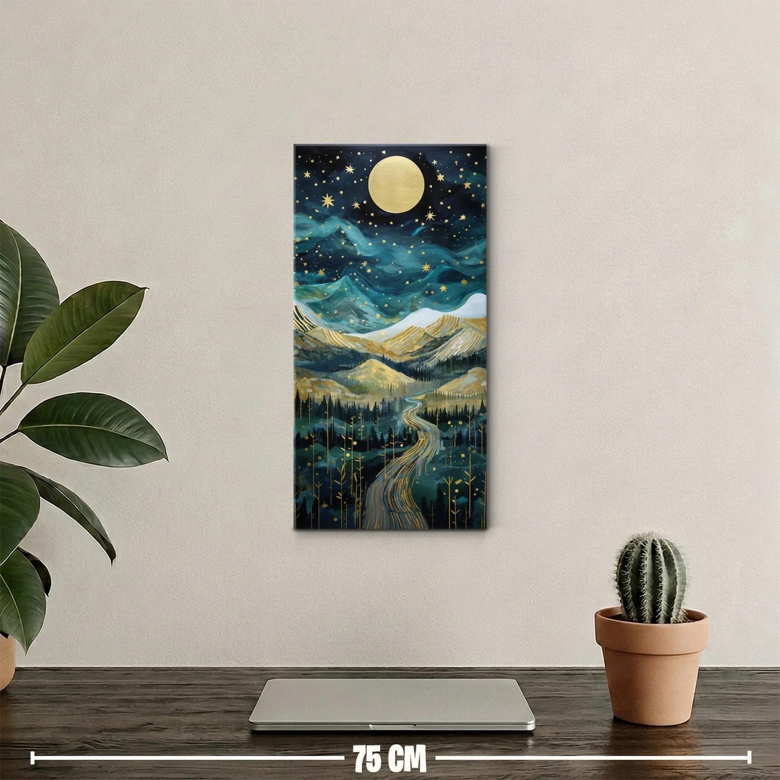 Cuadro paisaje de montaña bajo la luna llena con estrellas doradas — miniatura 2