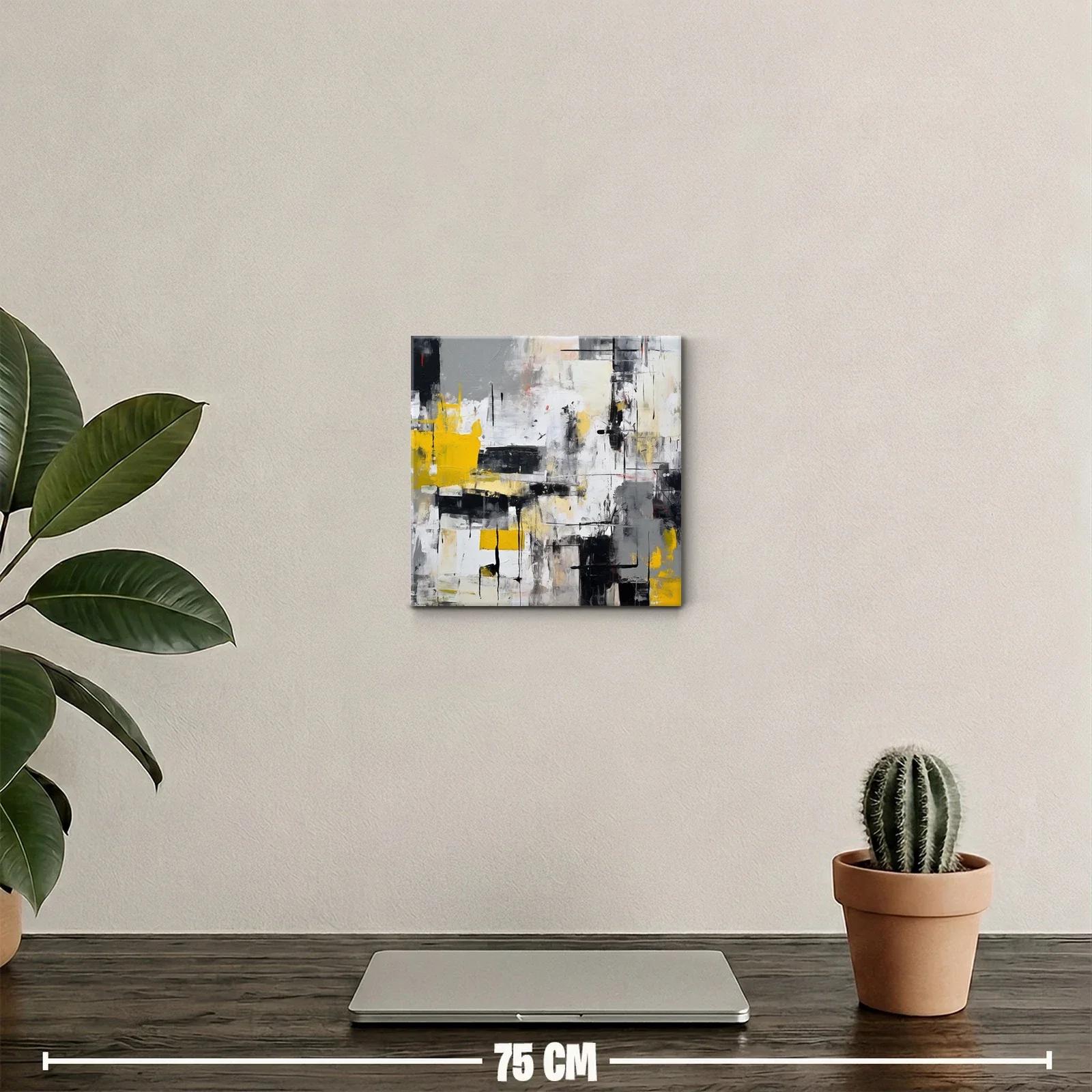 Cuadro abstracto con tonos grises y toques amarillos vibrantes — miniatura 2