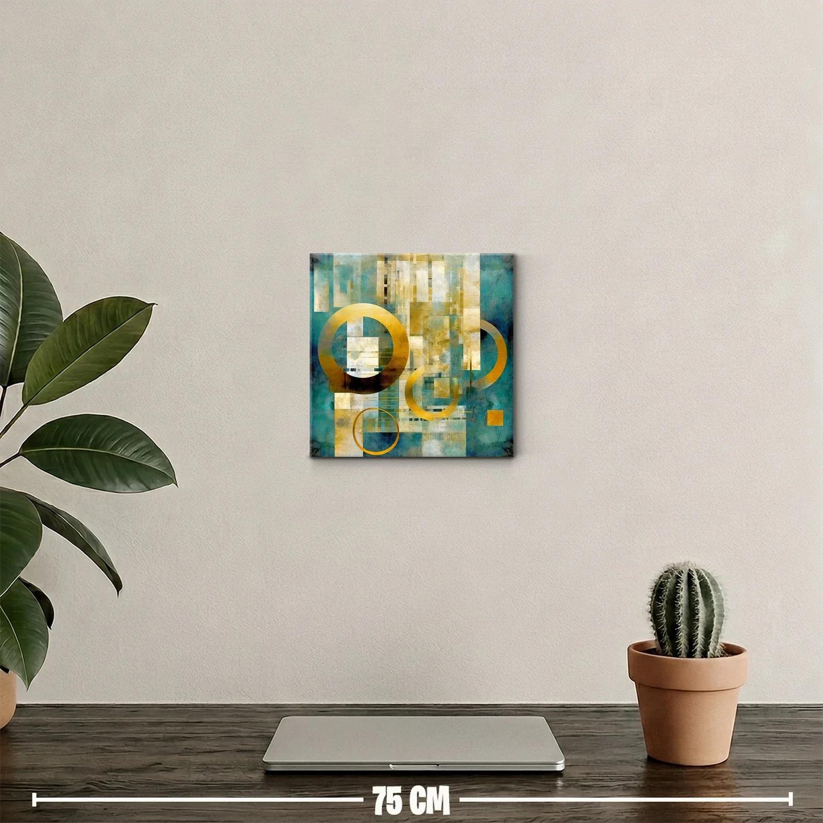 Cuadro abstracto moderno en tonos dorados y turquesa — miniatura 2