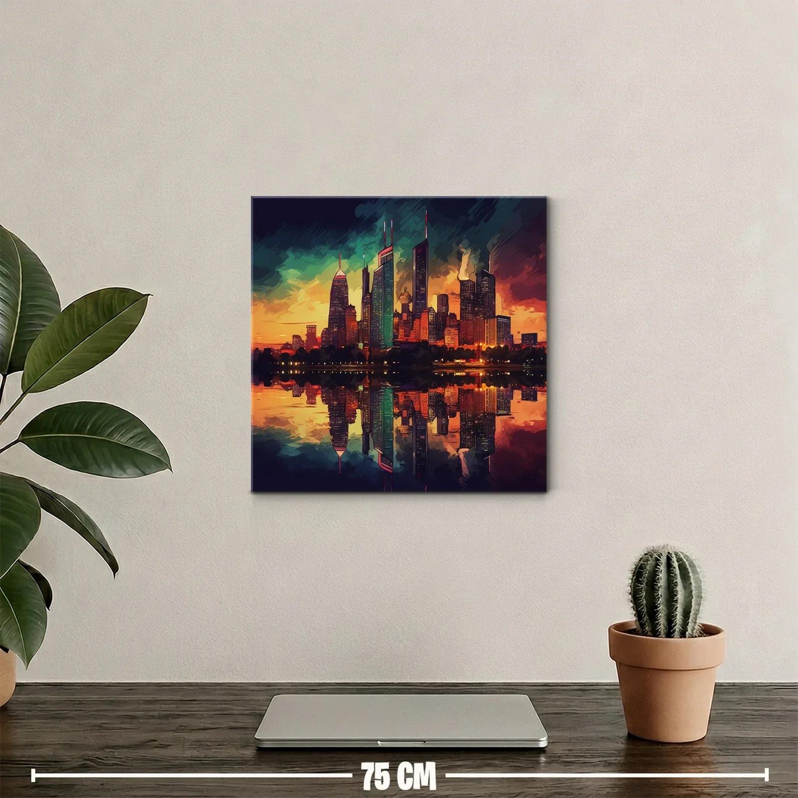 Atardecer vibrante sobre ciudad con reflejo en agua — miniatura 2
