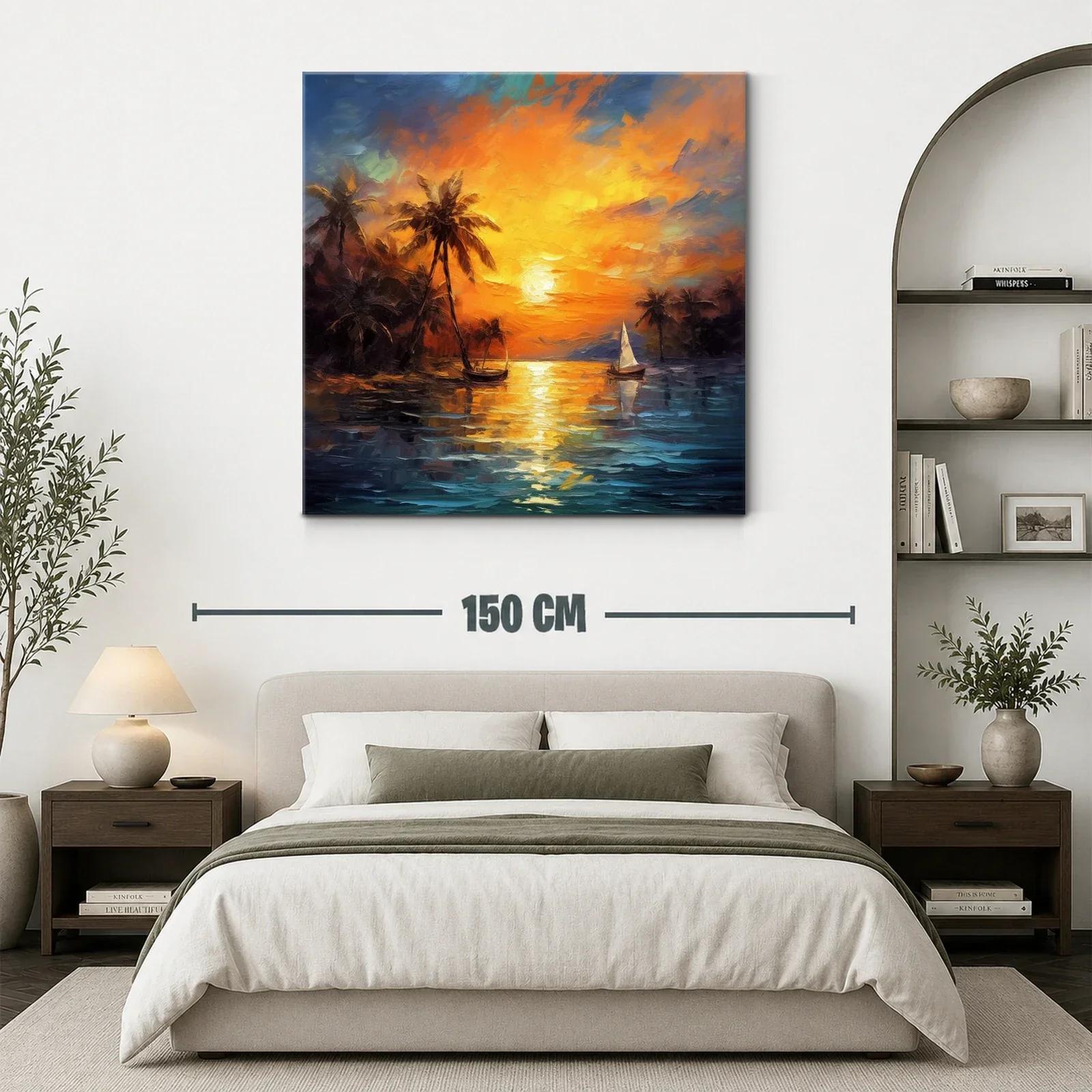 Atardecer tropical con palmeras y barco de vela sobre el mar — miniatura 3