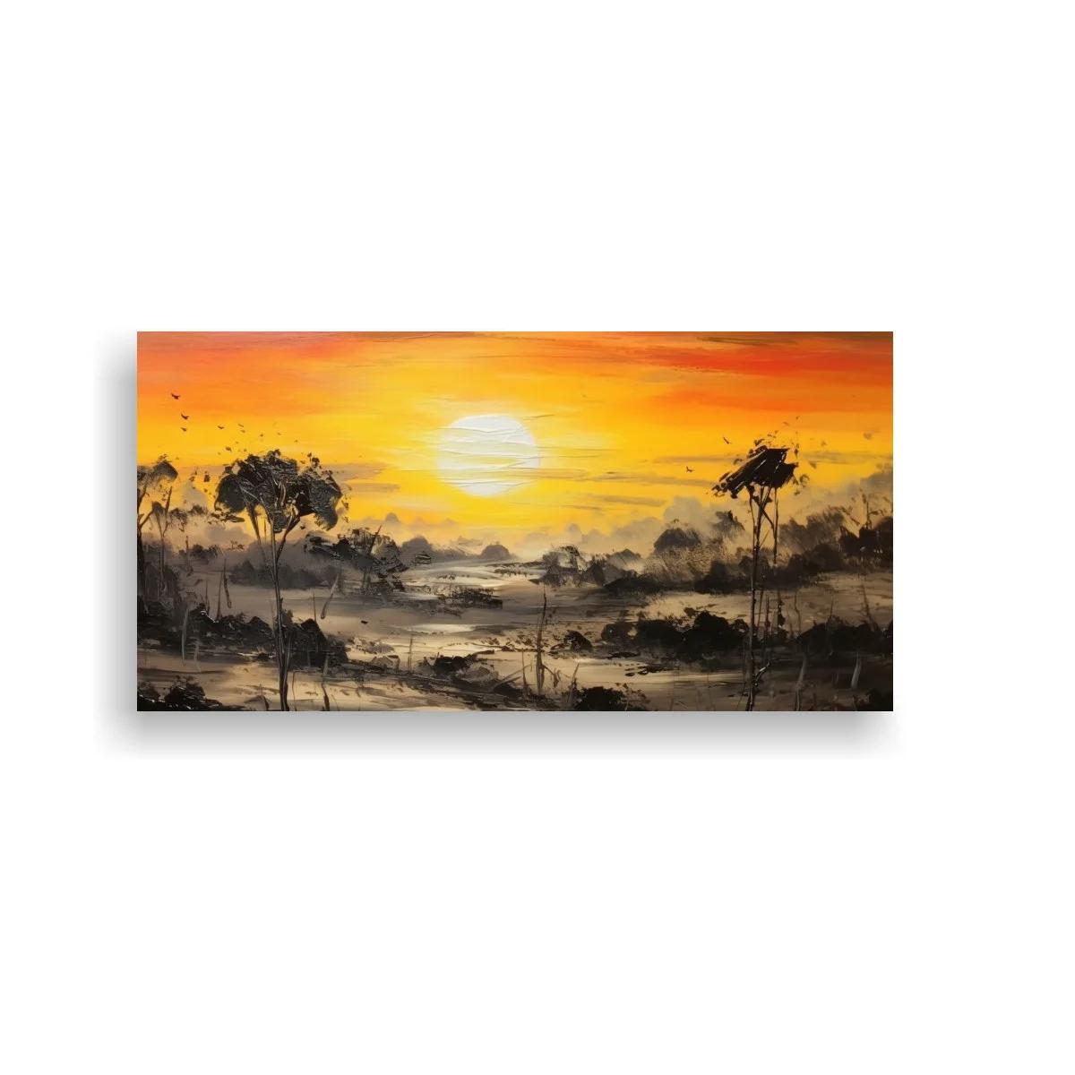 Cuadro paisaje de sabana al atardecer con sol redondo — imagen principal