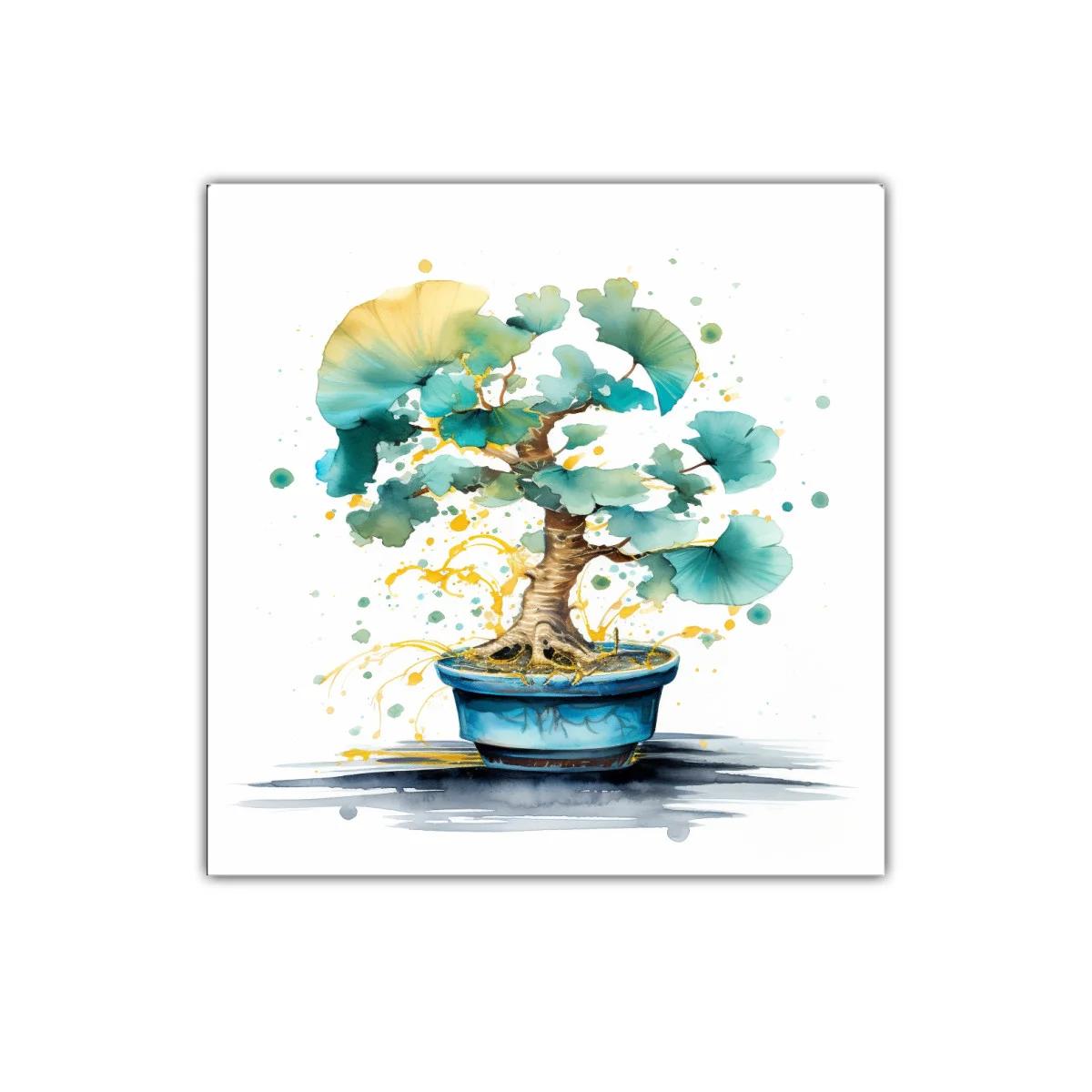 Cuadro decorativo con bonsái y hojas verdes en tonos acuarela — miniatura 1