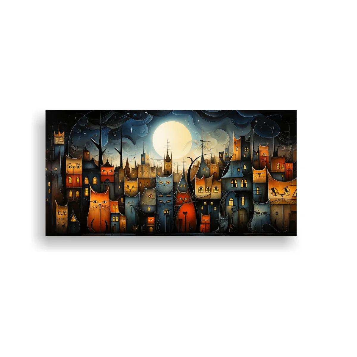 Cuadro pueblo nocturno fantástico con luna grande y gatos brillantes — imagen principal