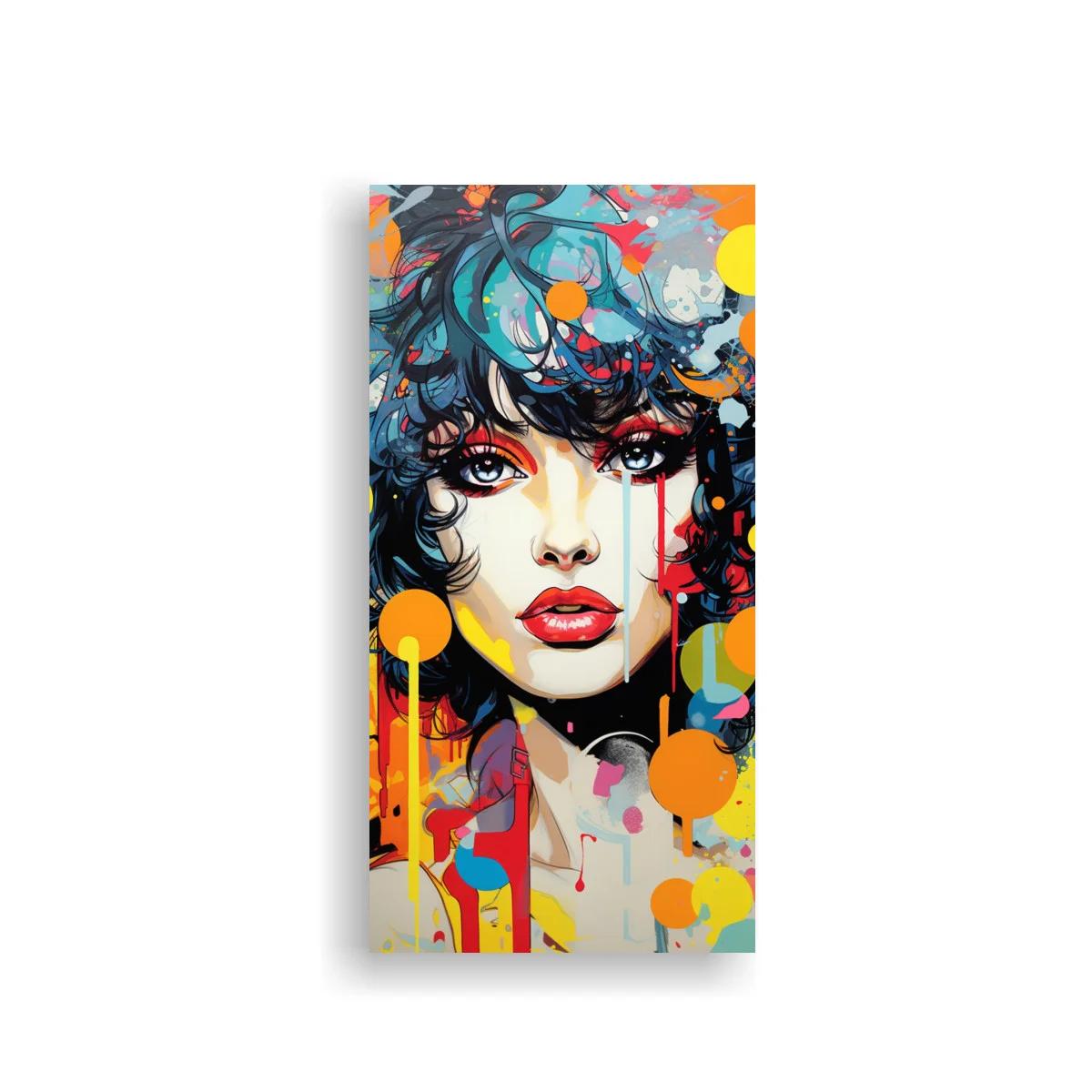 Cuadro rostro de mujer con pelo oscuro y goteos de color — imagen principal