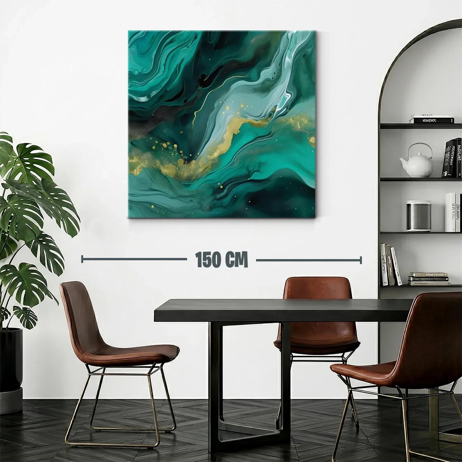 Cuadro abstracto en tonos verdes con detalles dorados — miniatura 2