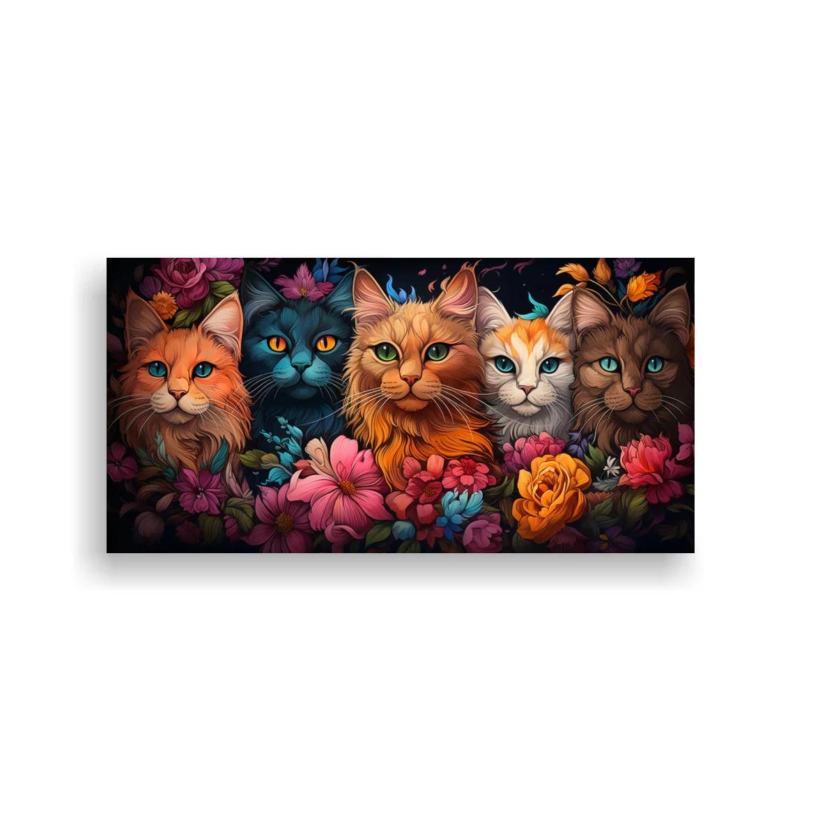 Cuadro gatos de colores entre flores densas