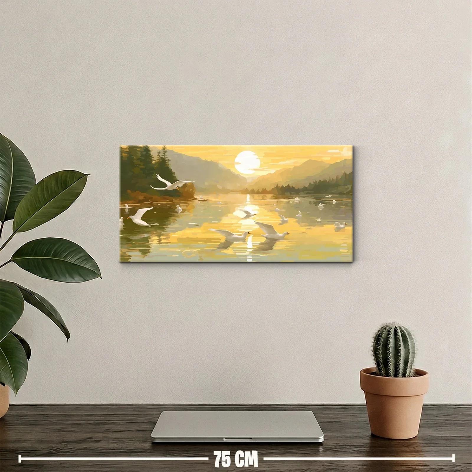 Cuadro lago al atardecer con cisnes y sol reflejado — miniatura 2