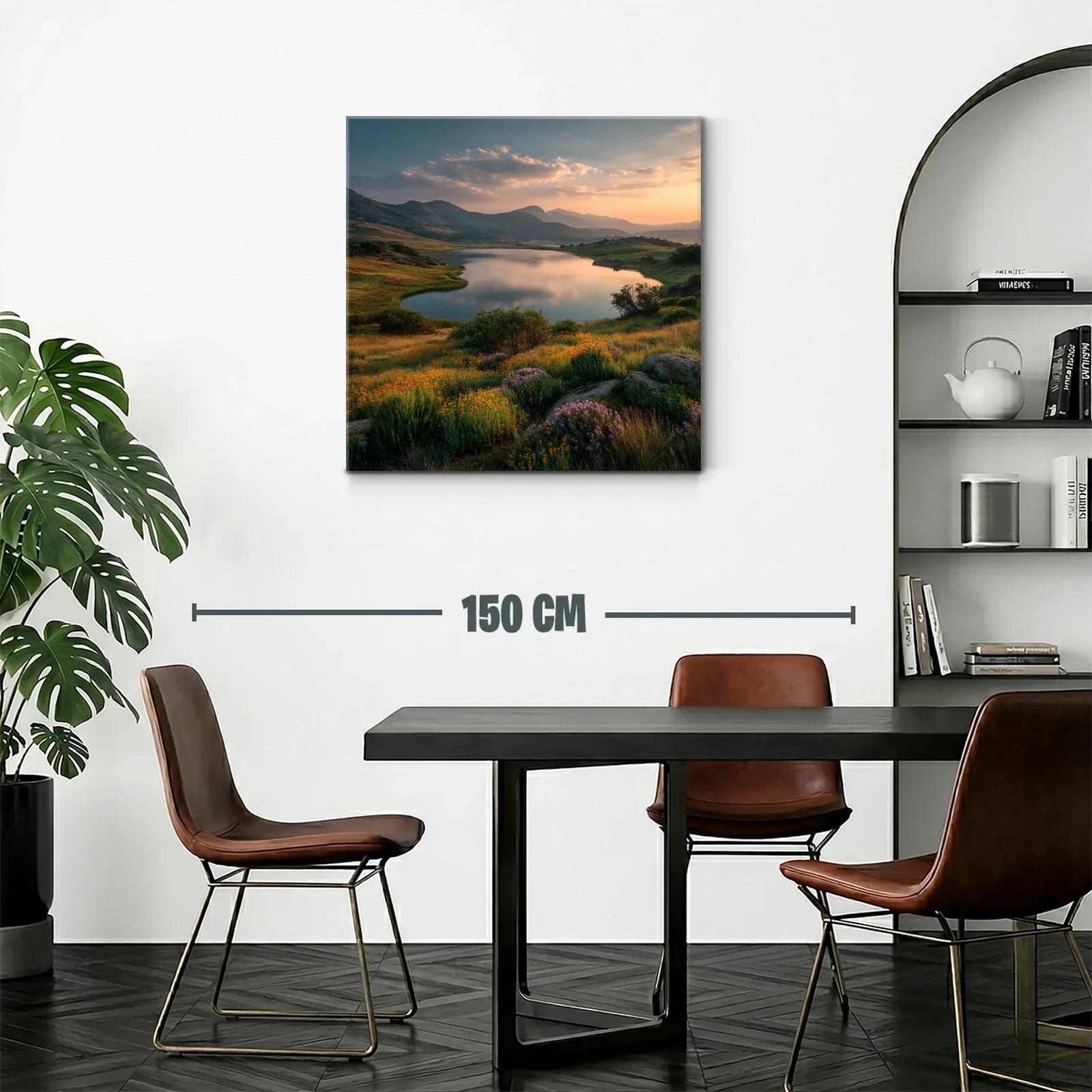 Paisaje sereno con lago y pradera en tonos cálidos — miniatura 2