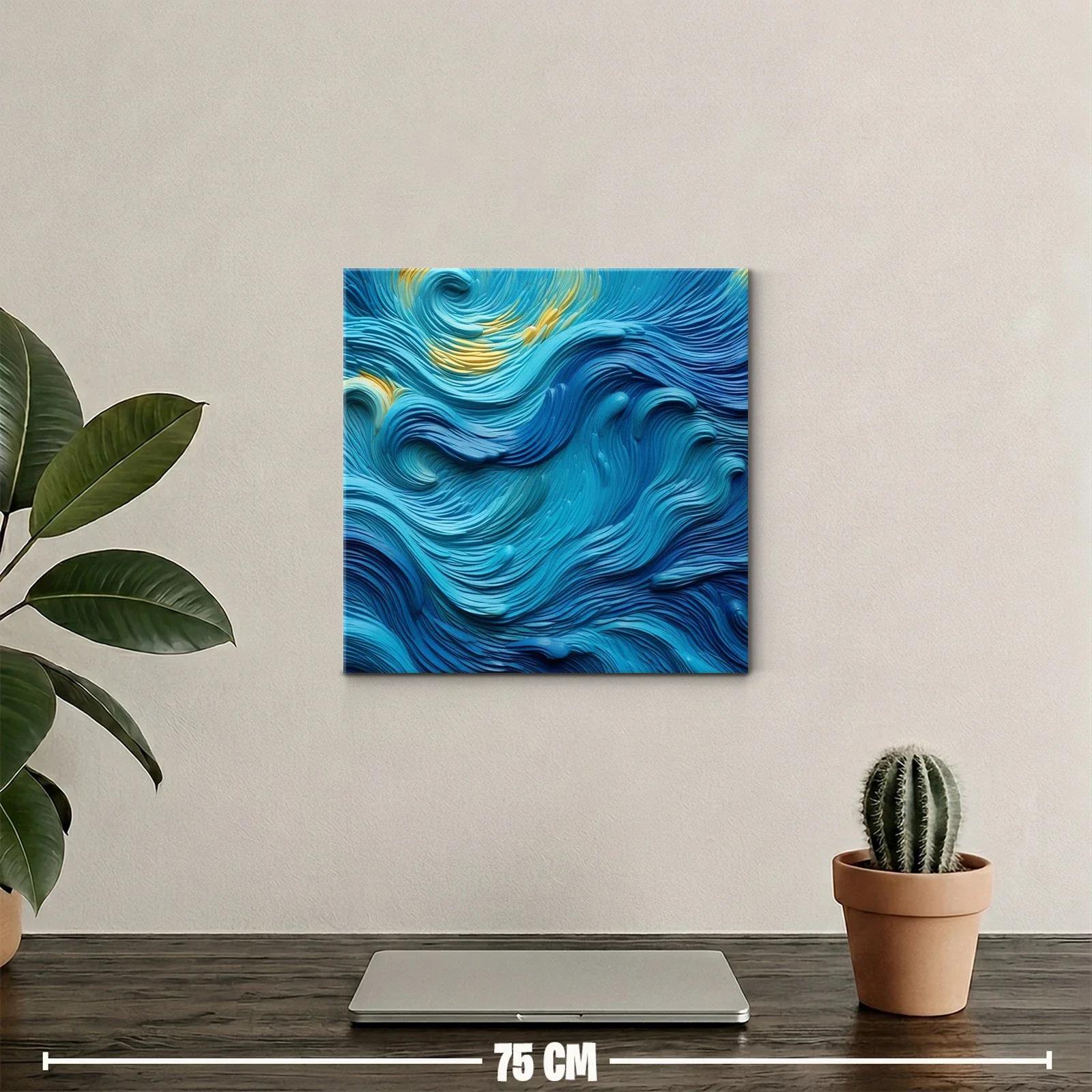Cuadro abstracto con ondas en tonos azules y toques dorados — miniatura 2