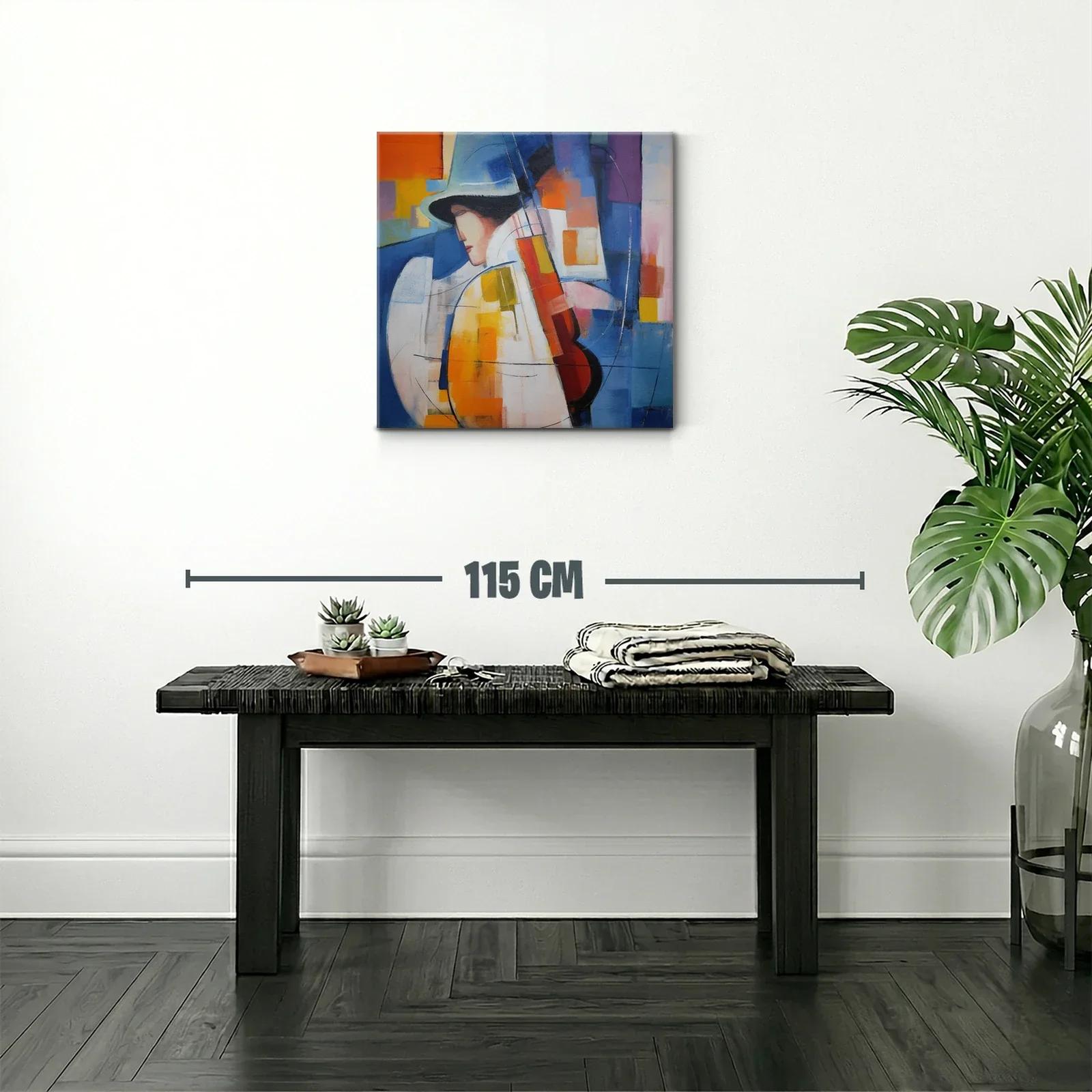 Cuadro abstracto con músico y paleta vibrante azul y naranja — miniatura 2