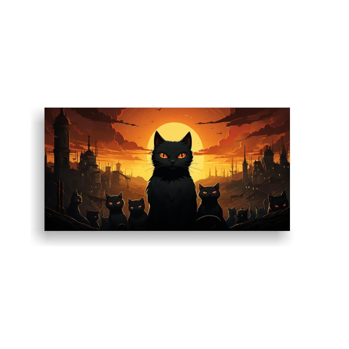 Cuadro gato negro de ojos naranjas con ciudad nocturna — imagen principal