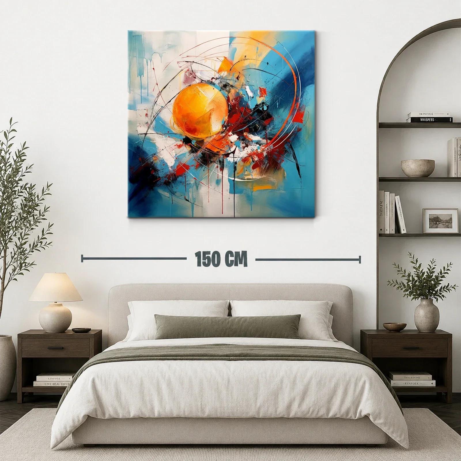 Cuadro Abstracto con Esferas y Dinámicas Líneas en Azul y Naranja — miniatura 3
