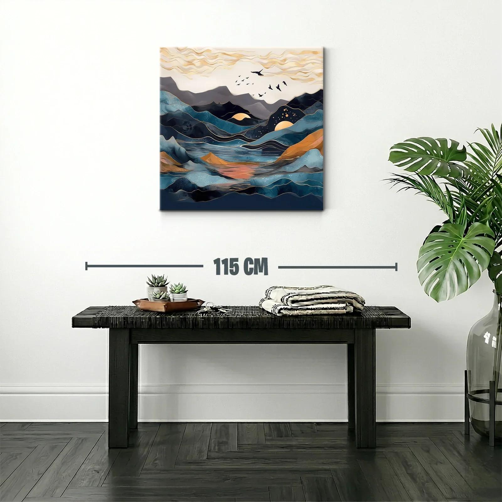 Paisaje abstracto con montañas y aves en tonos azules y dorados — miniatura 2