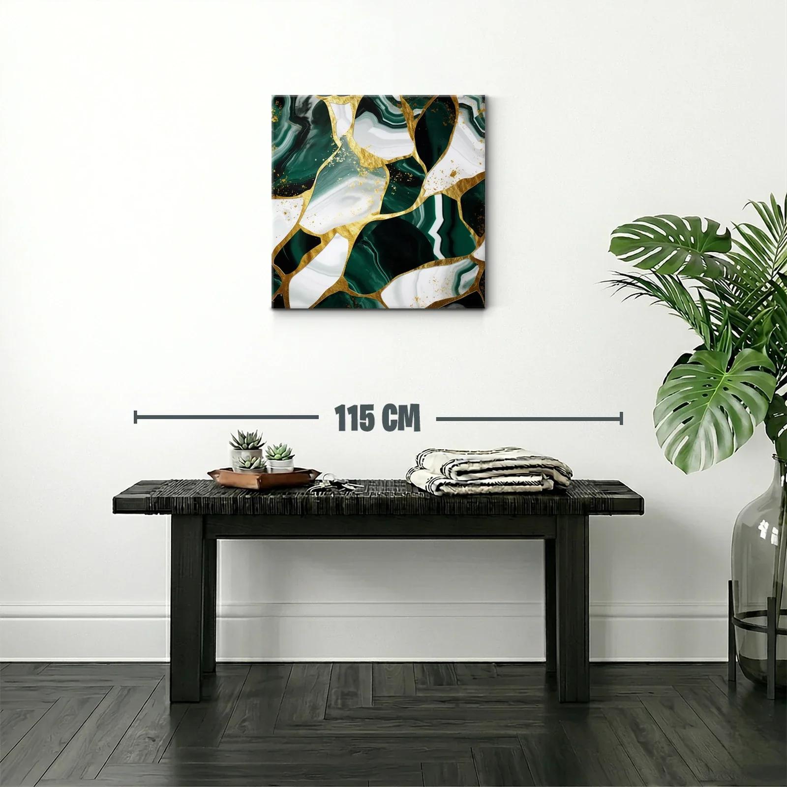 Cuadro abstracto con vetas verdes y detalles dorados — miniatura 2