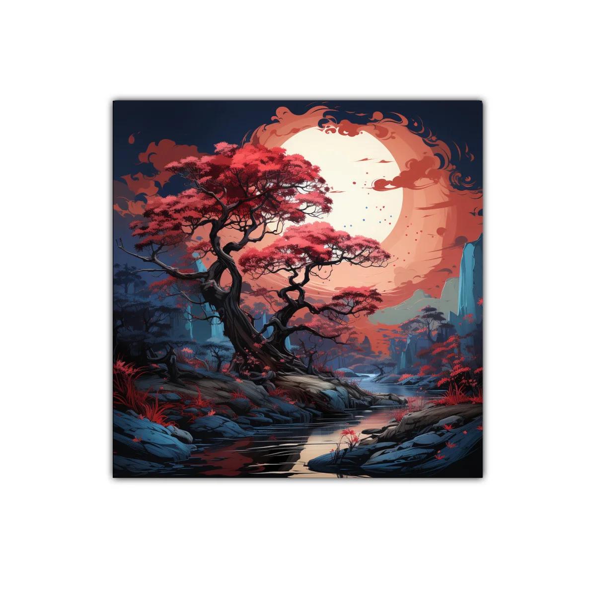 Paisaje mágico con árbol rojo bajo una luna enorme — miniatura 1