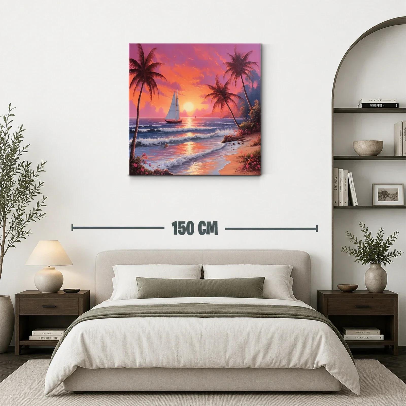 Atardecer tropical con velero y palmeras en la playa — miniatura 3