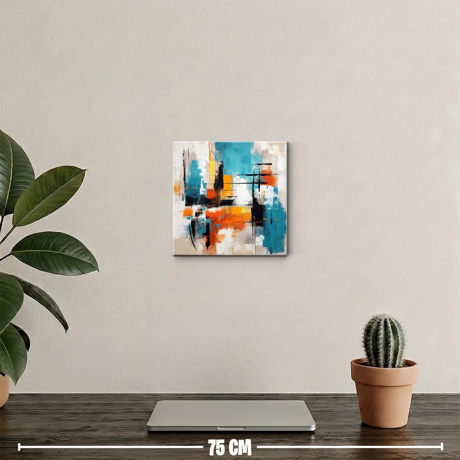 Cuadro abstracto vibrante con tonos turquesa y naranja — miniatura 2
