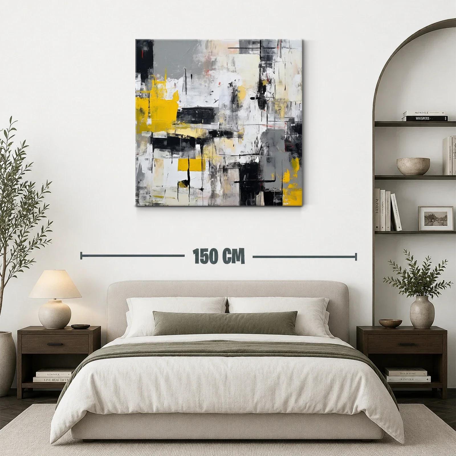Cuadro abstracto con tonos grises y toques amarillos vibrantes — miniatura 3