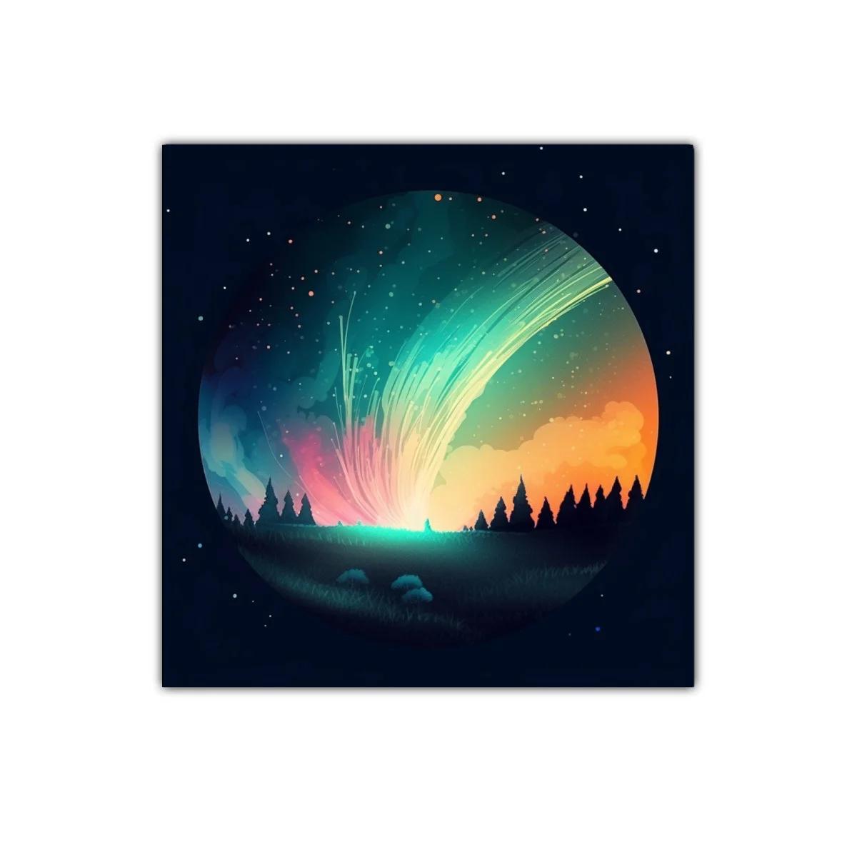 Cielo estrellado con auroras y bosque silueteado — miniatura 1