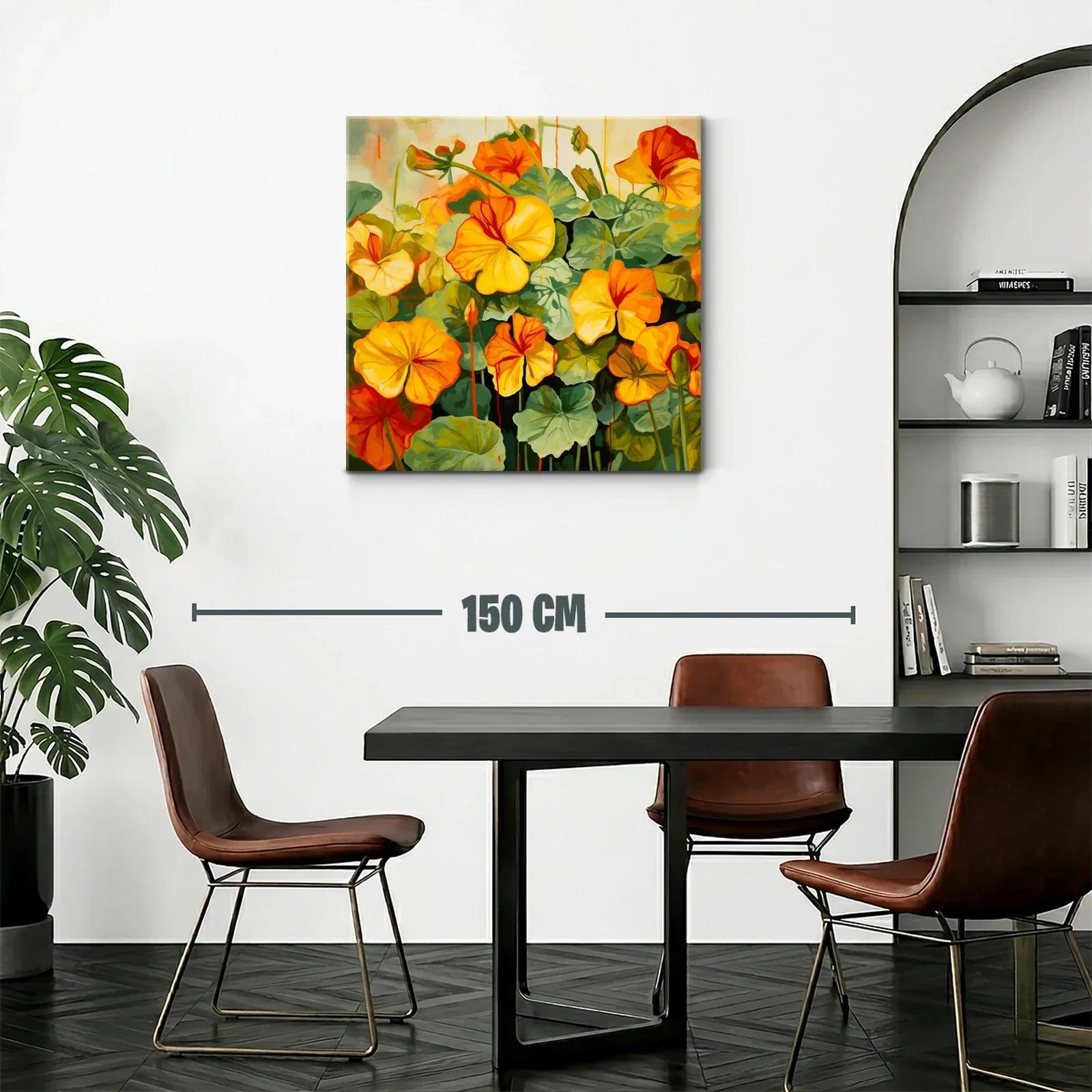 Cuadro vibrante con flores en tonos cálidos y hojas verdes — miniatura 2