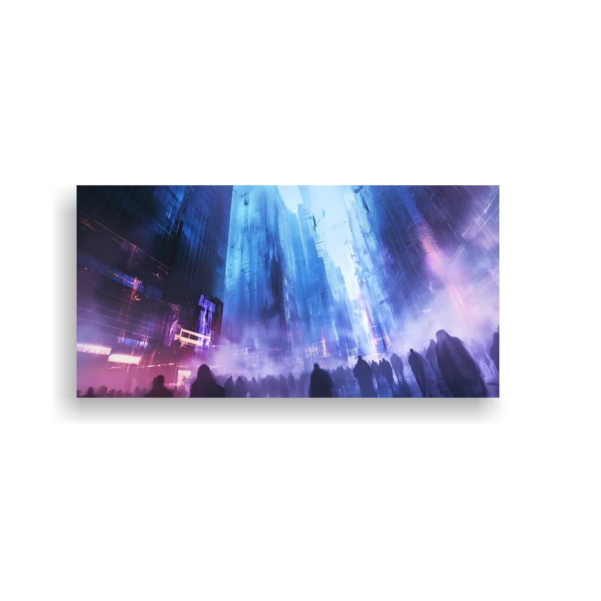 Cuadro multitud bajo luces neón con niebla azul violeta — imagen principal