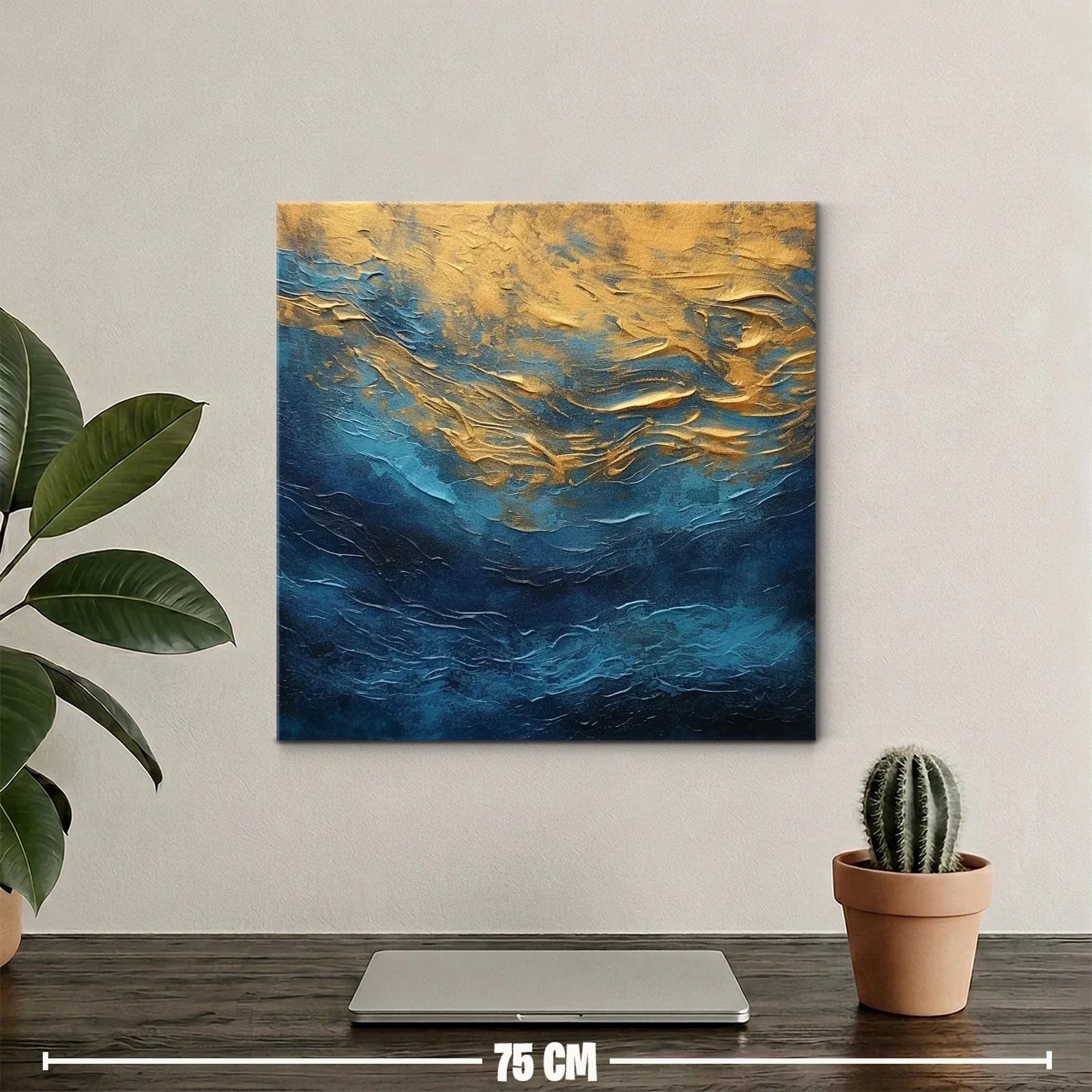 Cuadro abstracto con texturas doradas y tonos azules intensos — miniatura 2