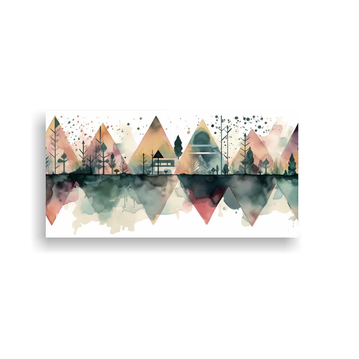 Cuadro bosque de pinos entre montañas geométricas — imagen principal