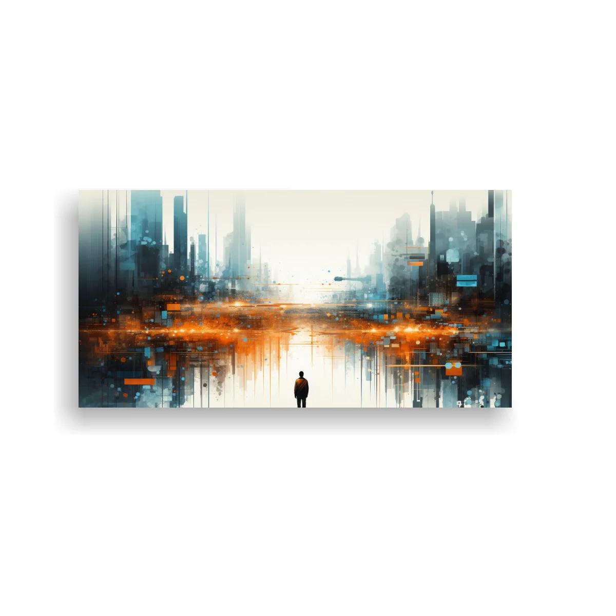 Cuadro persona solitaria ante skyline urbano con reflejos simétricos — imagen principal
