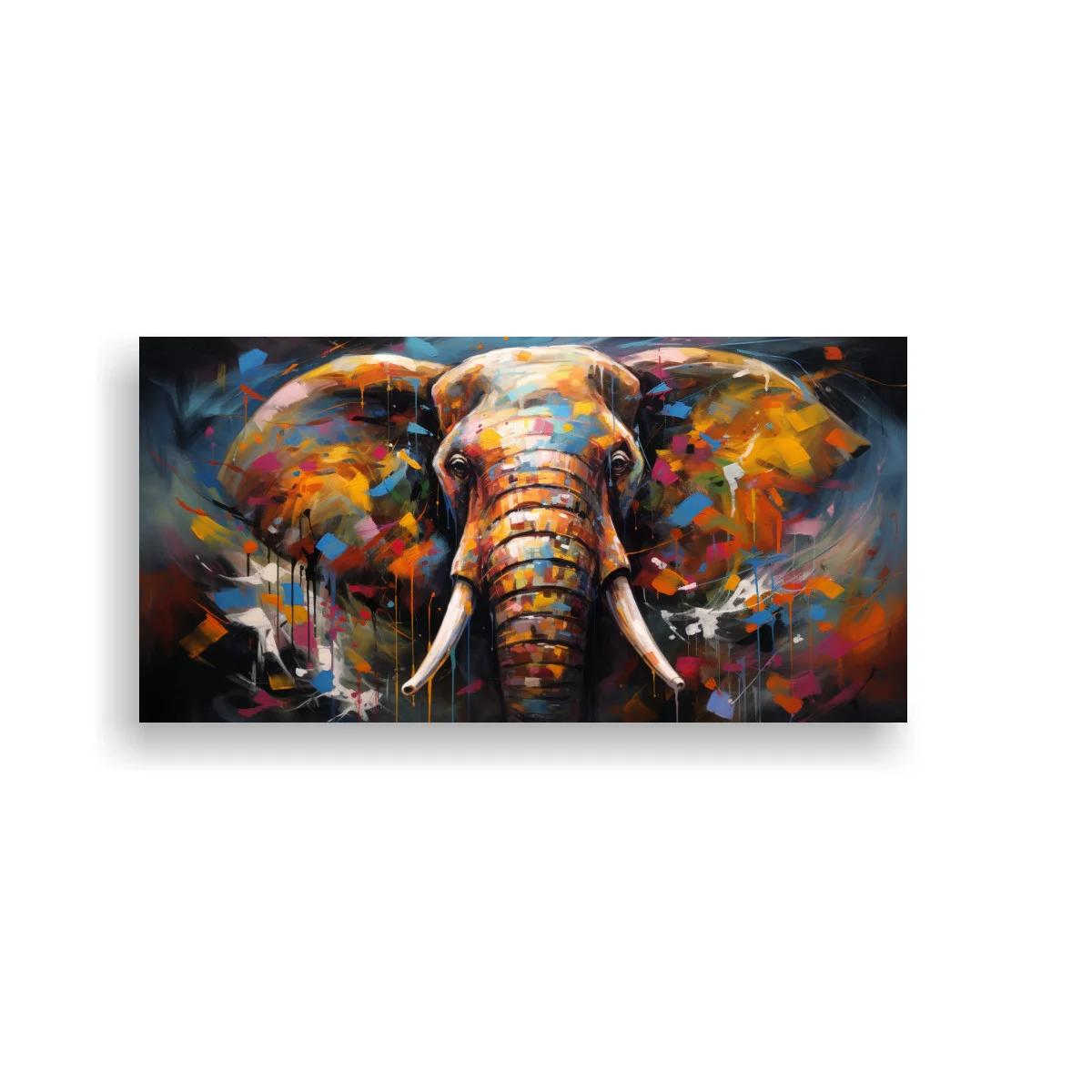 Cuadro elefante con colmillos largos y manchas de color — imagen principal