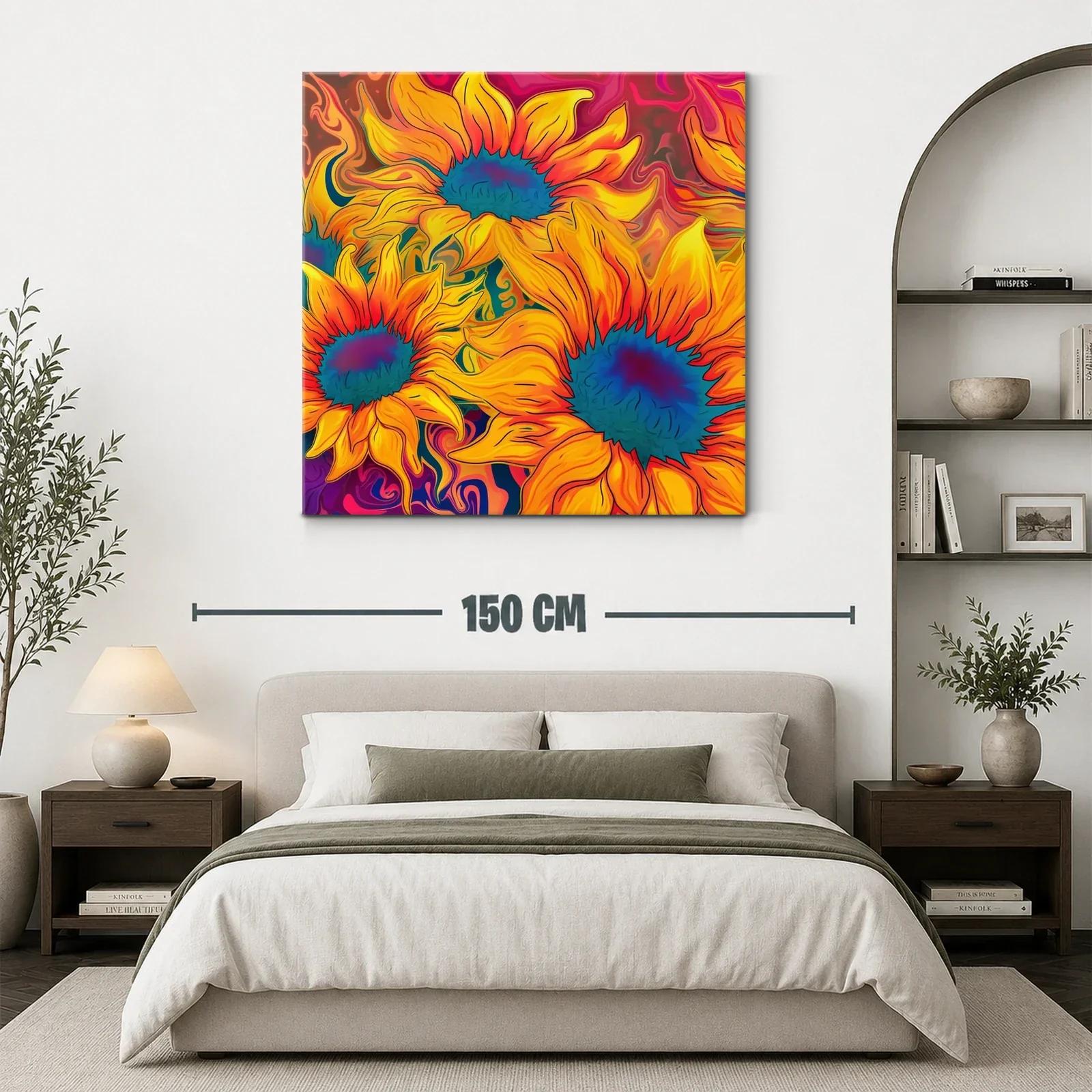 Cuadro vibrante con girasoles en tonos cálidos y contrastes azules — miniatura 3