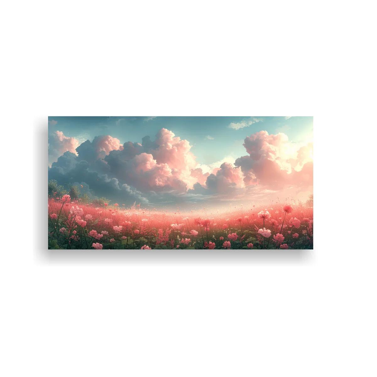 Cuadro campo de flores rosadas con nubes voluminosas — imagen principal