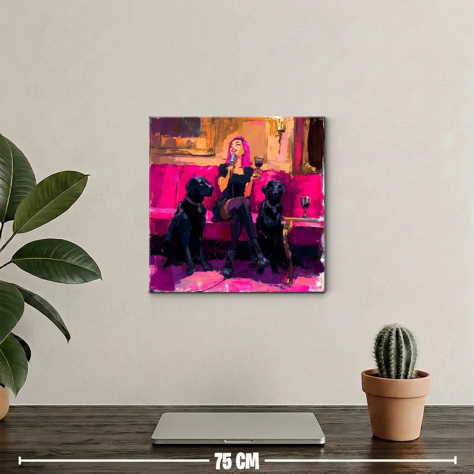 Divertida escena nocturna con mujer y perros en tonos fucsia — miniatura 2