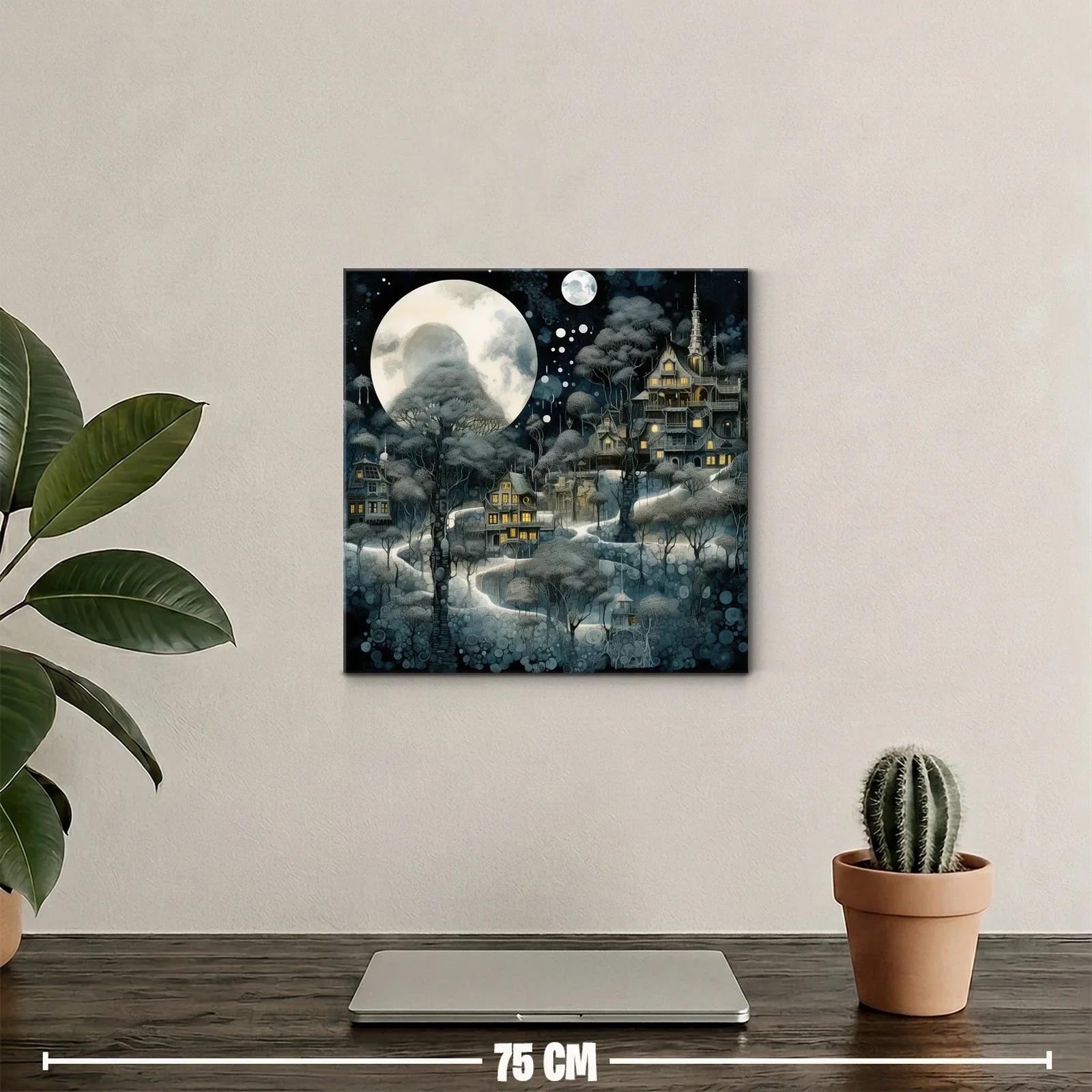 Pueblo encantado bajo la luna llena y árboles del bosque — miniatura 2