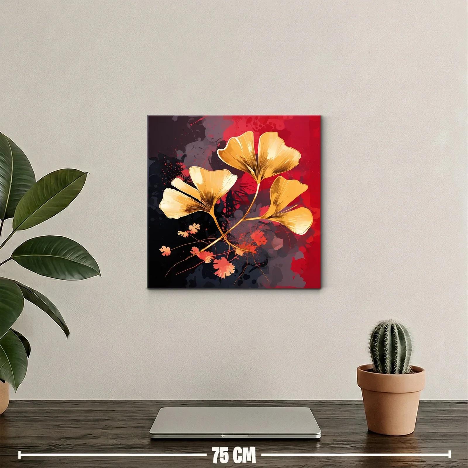 Cuadro de hojas doradas sobre fondo rojo y negro vibrante — miniatura 2