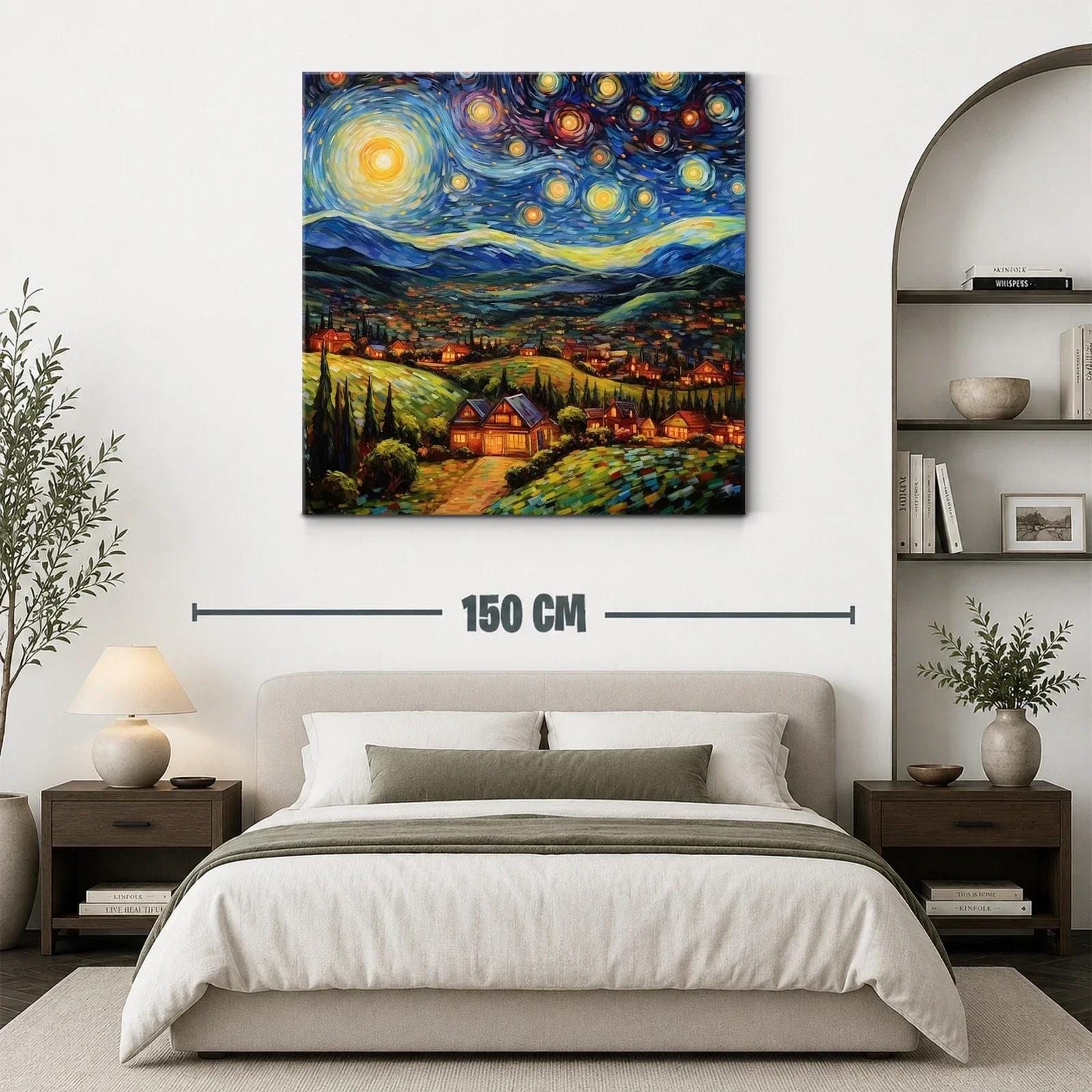 Paisaje Nocturno con Estrellas y Casas Iluminadas — miniatura 3