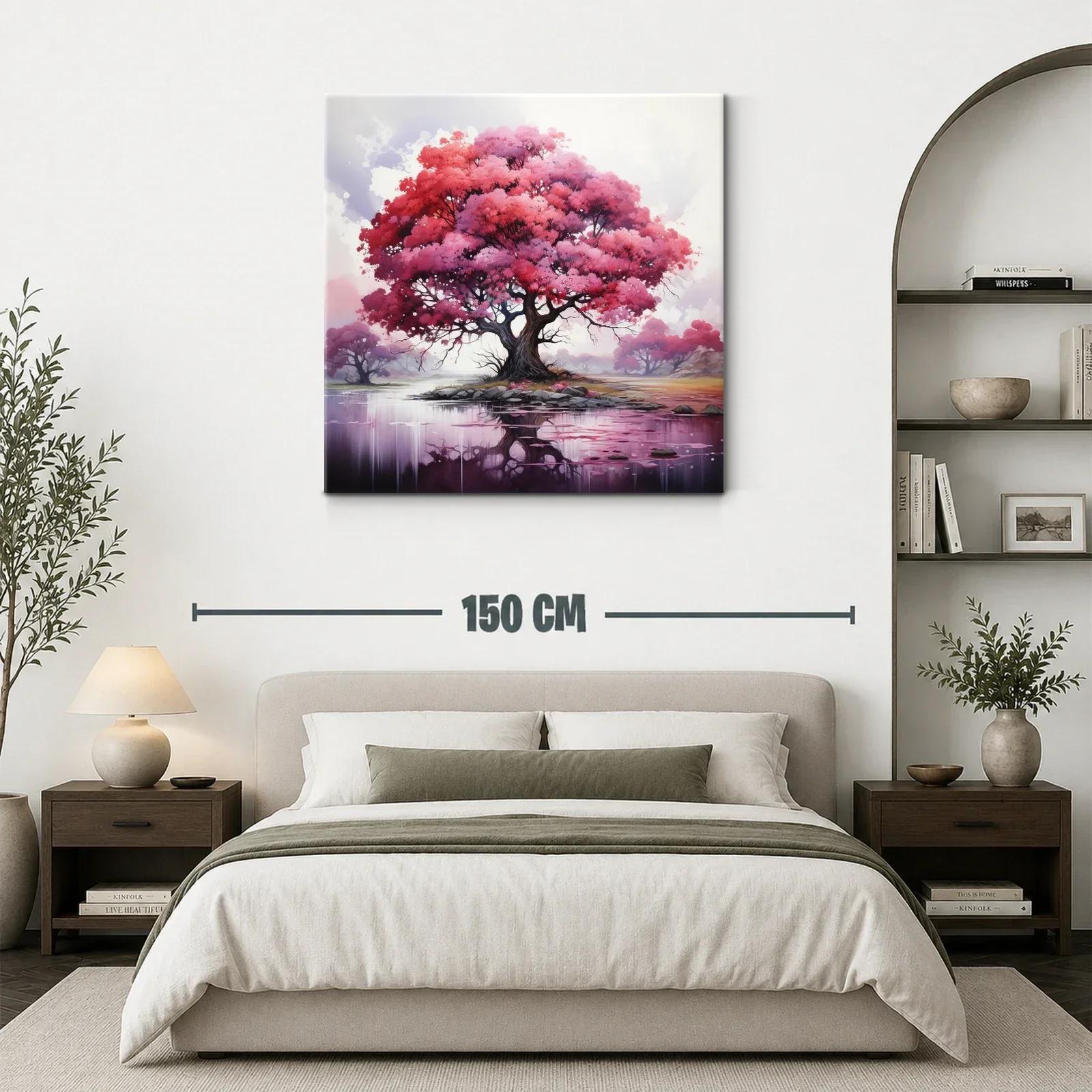 Árbol rosa con reflejo en lago sereno y místico — miniatura 3