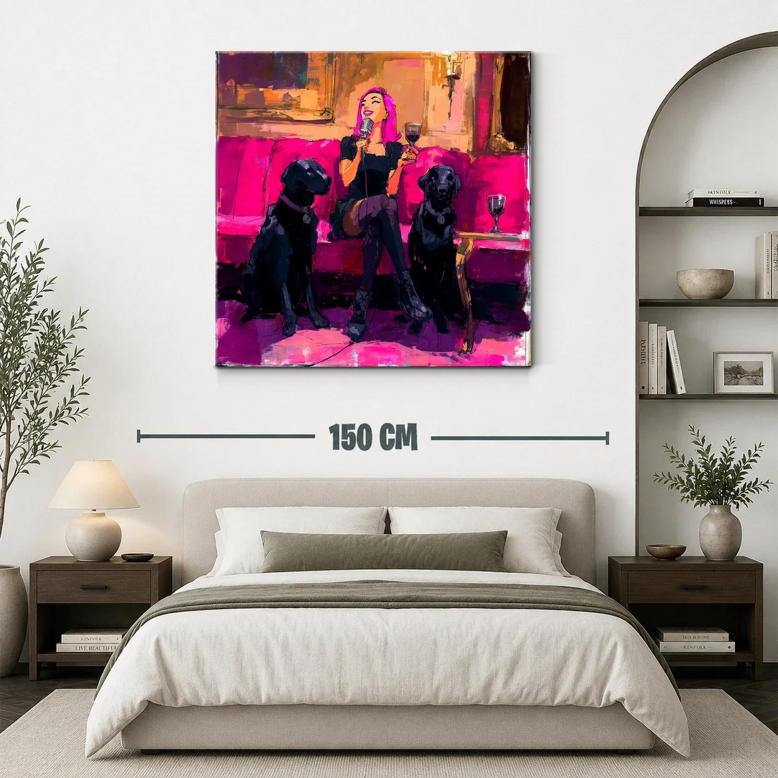 Divertida escena nocturna con mujer y perros en tonos fucsia — miniatura 3