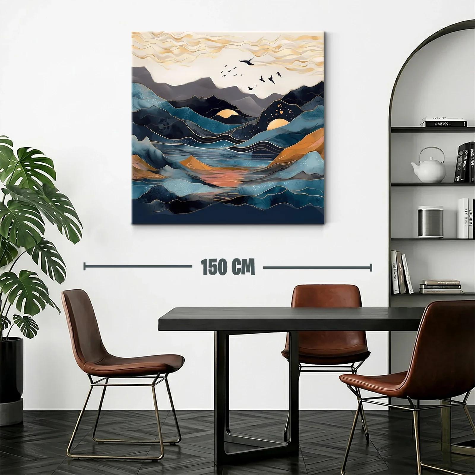 Paisaje abstracto con montañas y aves en tonos azules y dorados — miniatura 2